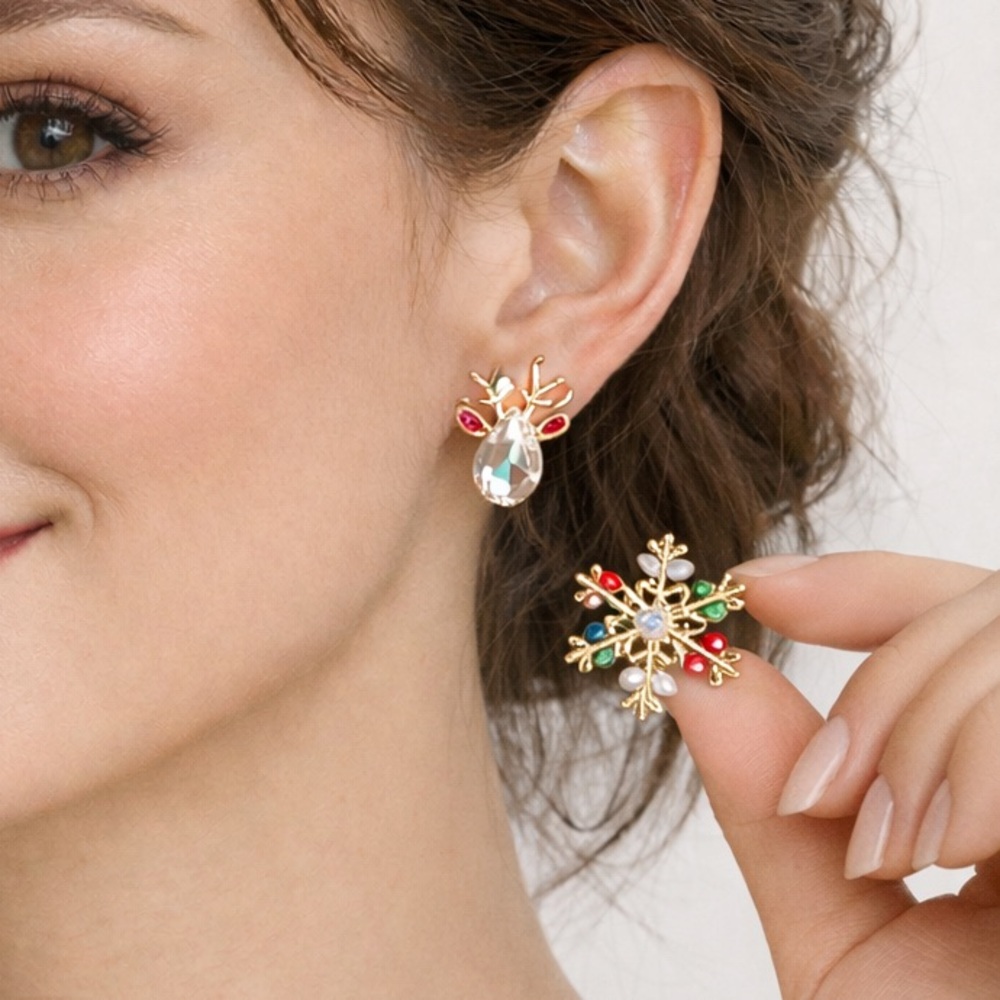 Holiday Reindeer & Snowflake Crystal Earrings – Gold, Red, Green, Pearl